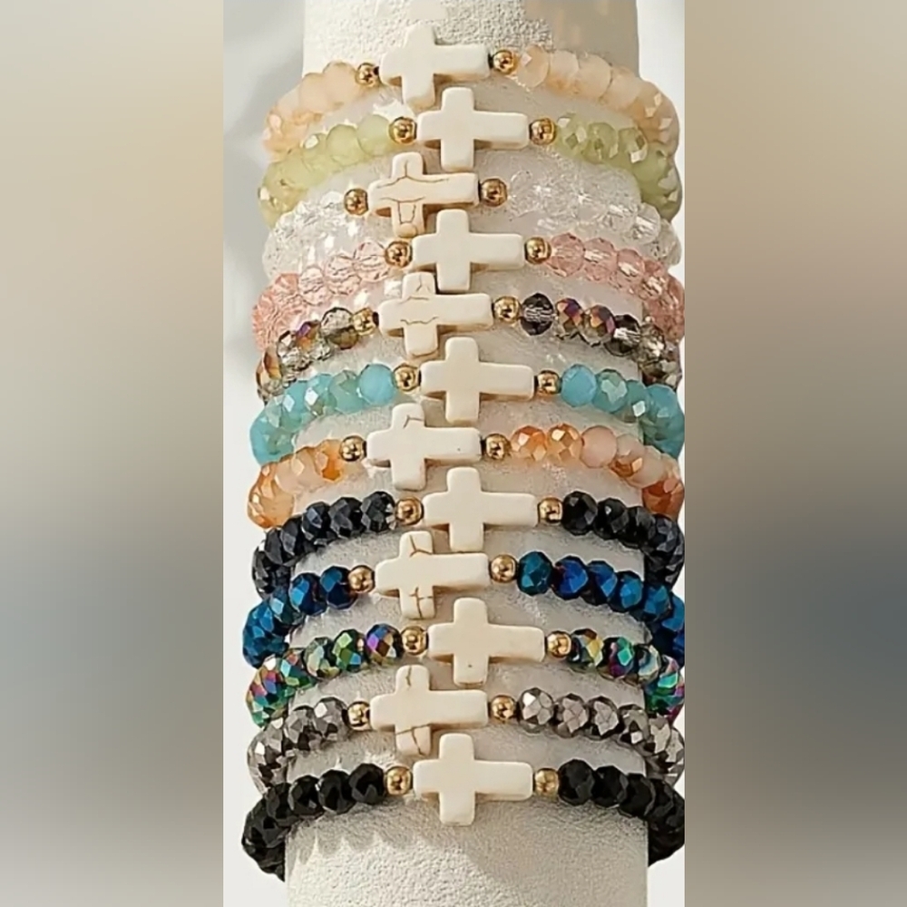 GORGEOUS CRYSTAL CROSS STRETCH BRACELETS. BEAUTIFUL COLORS AND SPARKLE. U PICK - Picture 2 of 6